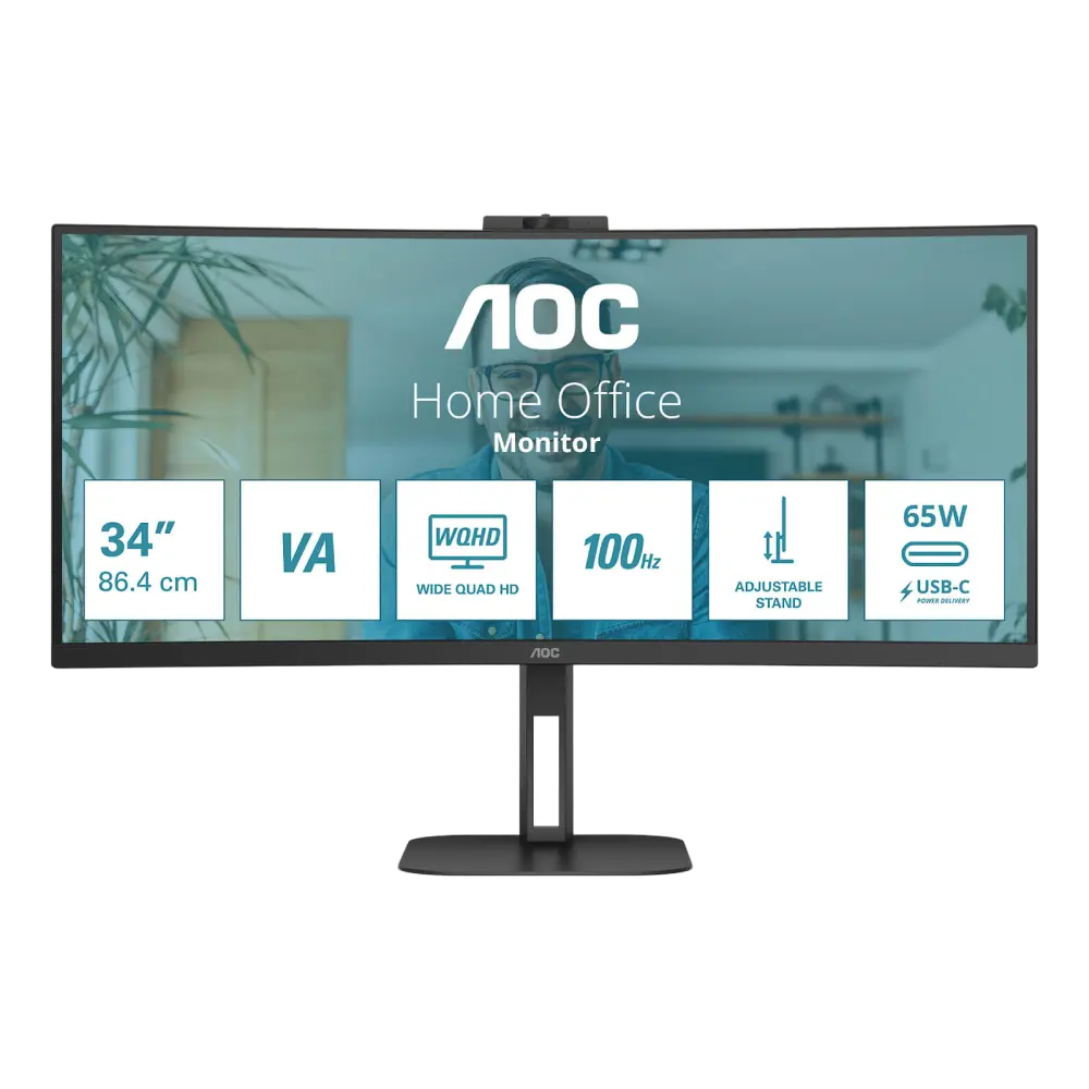 מסך מחשב קעור עם מצלמת רשת AOC 34" VA QHD 100Hz 1ms 1500R
